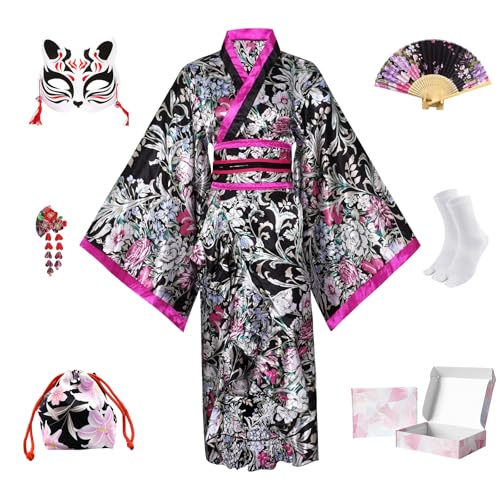 YOOCHUENG Kimono Japonaise Été Femme - Taille Unique (Convient EU 38-46) Geisha Robe | Léger et Confortable | Ensemble Cosplay avec Masque pour Carnaval Fêtes,pour Carnaval Vacances Plage Fêtes