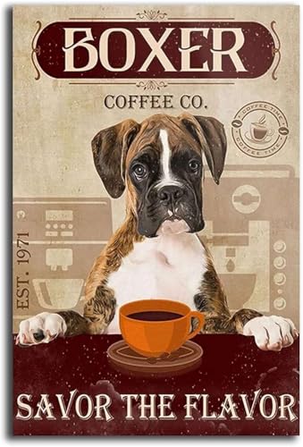 Metal Sign Boxer Dog Coffee Savor The Flavor Funny Vintage Decoration Home Kitchen Restaurant Supermarket Bar Cafe Wall Decor Retro Funny Dog Tin Sign 12x8 Inch