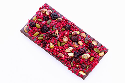 Ilze's Chocolat Dark Chocolate Bar with Pistachio Nuts and Lots of Freeze Dried Raspberry and BlackBerry Pieces - 135g