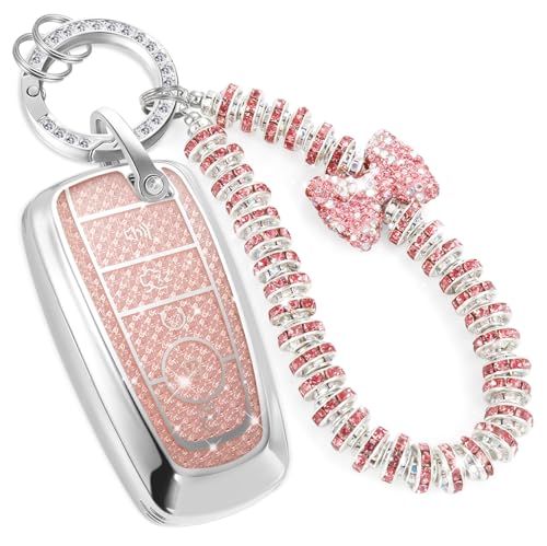 Image of Key Fob Cover for Ford, Rhinestone Wristlet Keychain Case, Pink | Wear-resistant TPU shell, non-stretch rhinestone wristlet, daily splash, scratch and drop protection, normal signal use