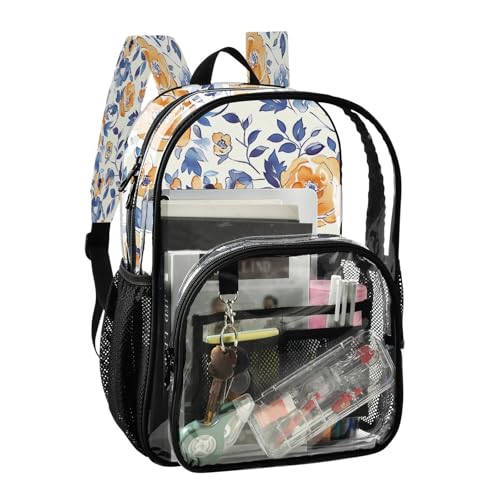 Orange White Floral Clear Backpack, Heavy Duty PVC Transparent Backpack, Multiple Pockets See Through Backpacks for Work, College, Travel2
