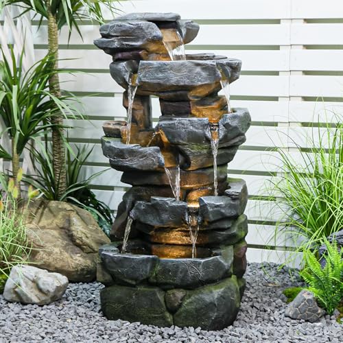 Sunlinua 6-Tier Cascading Rock Water Fountain Outdoor Resin Stone Imitation Waterfall with LED Lights, Indoor/Outdoor Decor for Garden, Patio, Backyard, Porch and Home Art Decor
