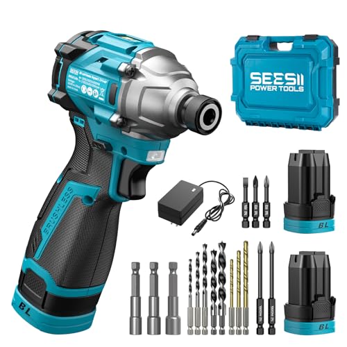 SEESII 16.8V Impact Driver Kit, 1/4' Hex Cordless Impact Driver Set & 2×2.0Ah Batteries, 150N.m Max...