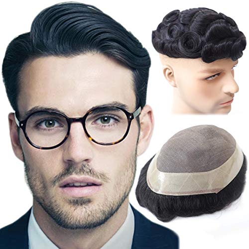 Hywel Toupee for Men with 100% Real Human Hair, Mono Top with Poly Coating Around Cap Mens Wig, Straight Wave Hair Pieces Replacement for Men System Off Black #1B (6 * 9 Inches)