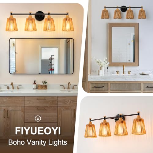 Image of Boho Bathroom Light Fixtures Over Mirror, 4-Light Farmhouse Vanity Lights | Handwoven Rattan Wicker Shades, Rustic Lighting for Bedroom Kitchen Hallway Restroom Bathroom