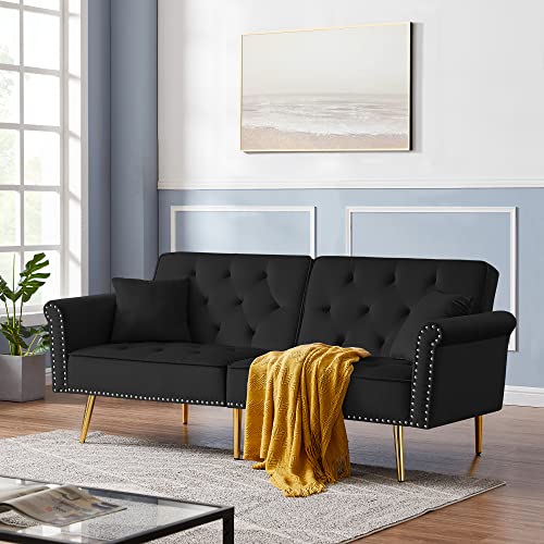 Ouyessir Velvet Futon Sofa Bed With Two Pillows And Nailhead Trim, Modern Convertible Sleeper Couch With 3 Angles Adjustable Back And Golden Metal Legs For Living Room And Bedroom, 76Inches (Black) #TOP22