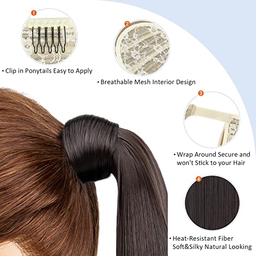 Silk-co Clip in Ponytail Wrap Around Hairpiece Straight Pony Tail Hair Clip on Extension 28 Long hair smooth Heat-Resisting Fiber Hairpiece for Women Dark Brown - Image 3