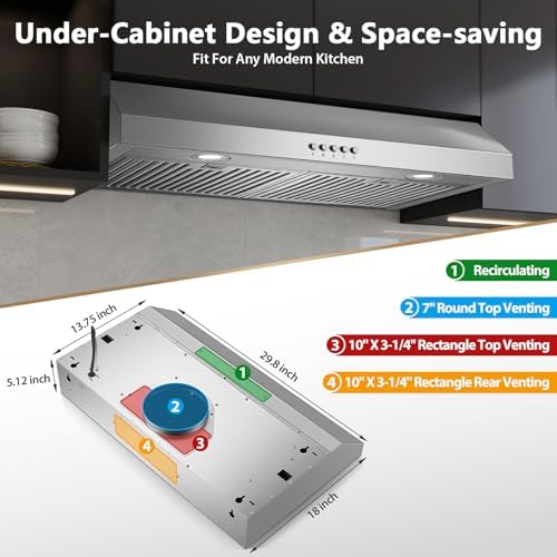 Zomagas Under Cabinet Range Hood 30 inch, Stainless Steel Kitchen Hood 800CFM, Stove Hood with Push Button Control, Baffle Filters, Ducted/Ductless Convertible Duct — view 6