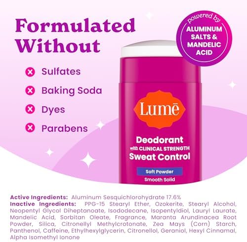 Lume Deodorant Plus Sweat Control - Smooth Solid Stick - Extra Strength Antiperspirant - 72 Hour Odor And Sweat Control - Baking Soda Free, Skin Loving - 2.6 ounce (Soft Powder) Pack of 2 - image 4