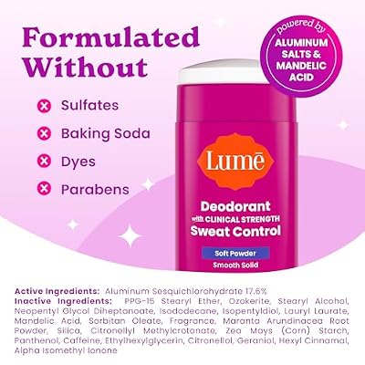 Lume Deodorant Plus Sweat Control - Smooth Solid Stick Deodorant for Women - Extra Strength Antiperspirant - 72 Hour Odor & Sweat Control - Baking Soda Free, Skin Loving - (Soft Powder)