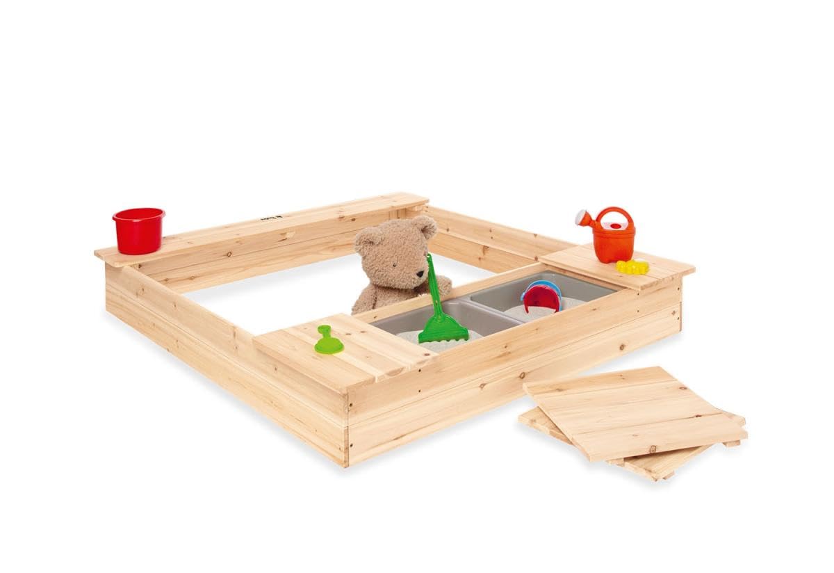 Pinolino Bac à Sable 'Lennart'; Entièrement en Sapin, Non traité, capacité de 120 l, 2 bacs à Couvercle en Plastique Inclus, pour Enfants à partir de 3 Ans, certifié FSC®