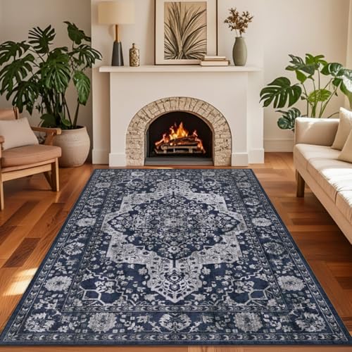 Image of TUKDAK Vintage Area Rug for Living Room 120x180cm, Navy Blue Boho Machine Washable Rugs for Bedroom, Soft Short Pile Non Slip Classic Carpet for Dining Room Office Kitchen Nursery