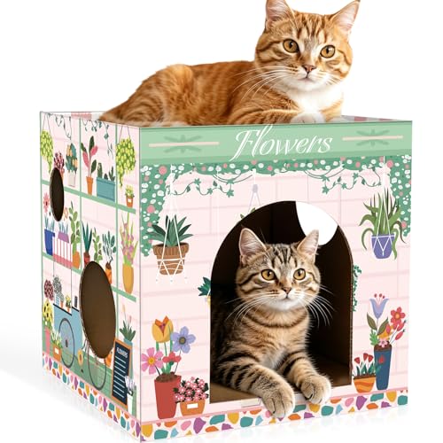 Cinrobiye Cardboard Cat House with 2 Pcs Scratching PadPet Hideaway Cave Board Bed Playhouse Condo Box Decor Small Animals Scratcher Bed for Indoor Cats Kittens Rabbits Bunny