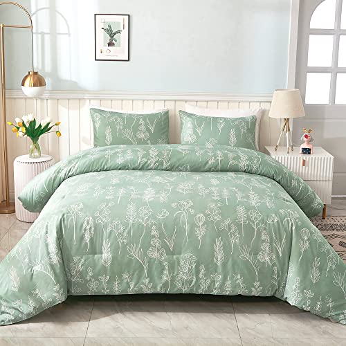 Litanika Comforter Full Size Bed Set Sage Green, 3 Pieces Floral Lightweight Bedding Comforter Sets, Warm Winter Gift Choice Cute Flowers Botanical Soft Blanket (1 Comforter, 2 Pillowcases) #TOP7