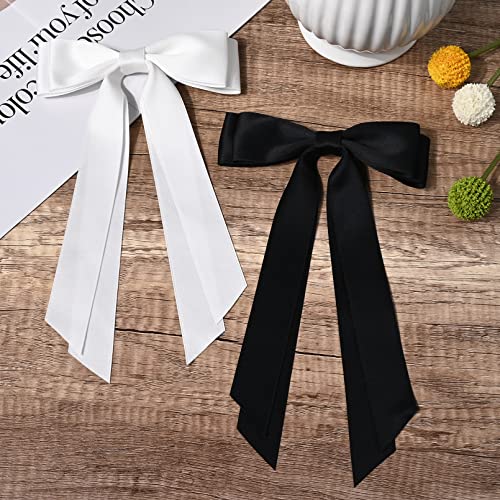2Pcs Silky Satin Hair Bows Hair Clip Black White Hair Ribbon Ponytail Holder Accessories Slides Metal Clips Hair Bow For Women Girls Toddlers Teens Kids #TOP5