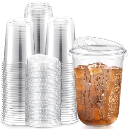 Baderke 100 Pcs Plastic Cups with Sip Lids Round Bottom Disposable Plastic Coffee Cups with Lids Clear Strawless Crystal Mugs for Iced Coffee Smoothie Cold Beverage Party Catering Supplies (16 oz)