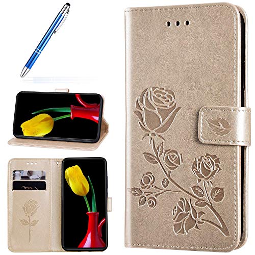 Robinsoni Case Compatible with Huawei Y5 2019 PU Leather Wallet Cover Retro Case Glossy Lavish Glitter Rose Printed Book Case TPU Silicone Inner Case Folio Flip Magnetic Flower Case Gold