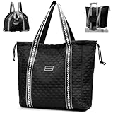 FIORETTO Women's Quilted Travel Tote Duffle with Trolley Sleeve, Gym Weekender Overnight Bag with Double Shoulder Strap, Water-Resistant Carry On Hand Luggage Holdall Black