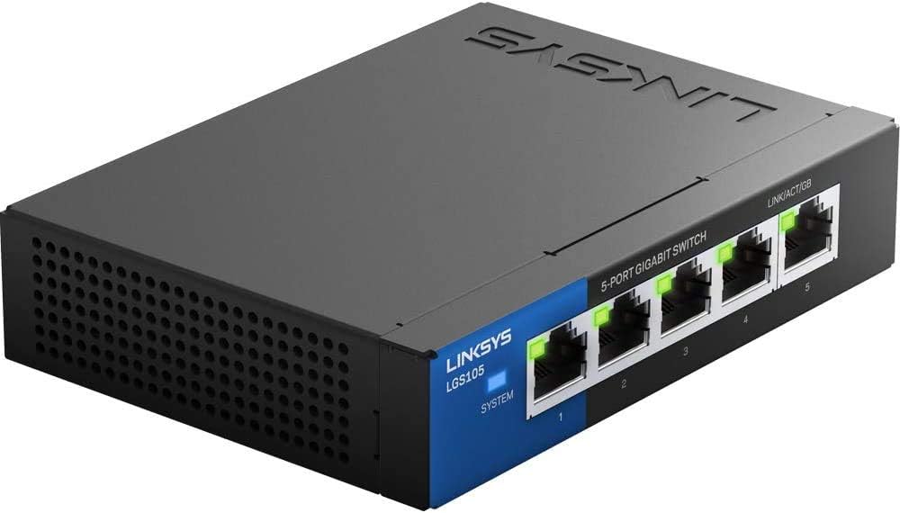 Linksys LGS105 Business 5-Port Desktop Gigabit Ethernet Network Unmanaged Switch I Metal Enclosure,Black/Blue