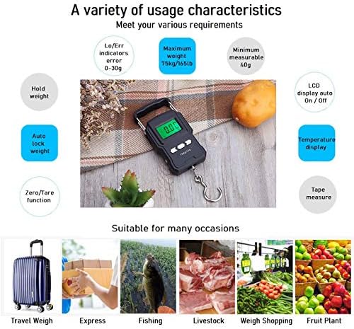Rhorawill Luggage Scale 165lb/75kg Electronic Fishing Scales Digital Hanging Hook Scale Backlit LCD Screen with Measuring Tape Ruler, Temperature, 2 AAA Batteries for Hunting Travel Kitchen