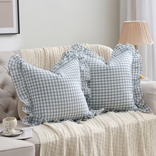 2 Pack Blue White Plaid Ruffle Throw Pillow Covers Farmhouse Checkered Chic Washed Cotton Pillowcases Gingham Pillow Shams for Bed, Sofa, Living Room-20"x20" Blue