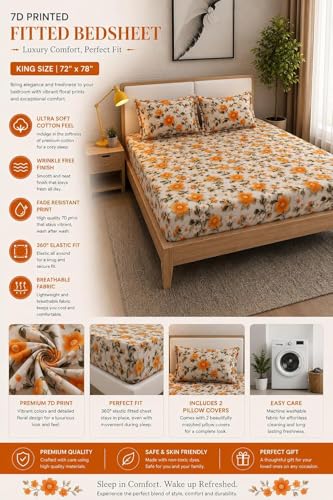 Image of 350 TC Premium Heavy Cotton Feel Elastic Fitted Bedsheet King Size with 2 Pillow Covers || Double Bed with All Around Elastic (Orange7D, Fitted - 72 inchx78 inch King)