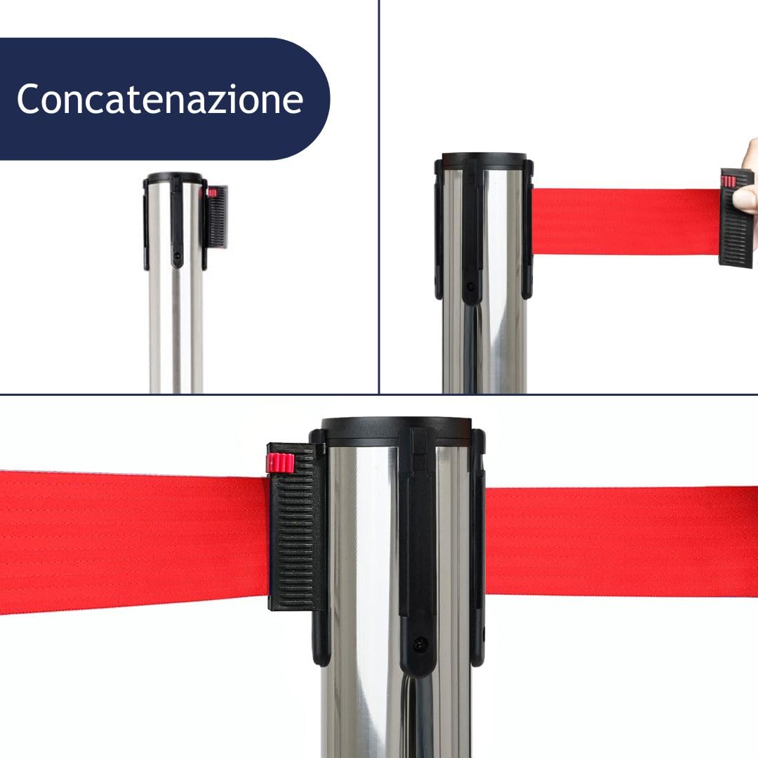 Danieli - Colonnina Segnapercorso con Nastro Estensibile Fino a 3 Metri. Acciaio Cromato Lucido, Base Conica (Rosso)