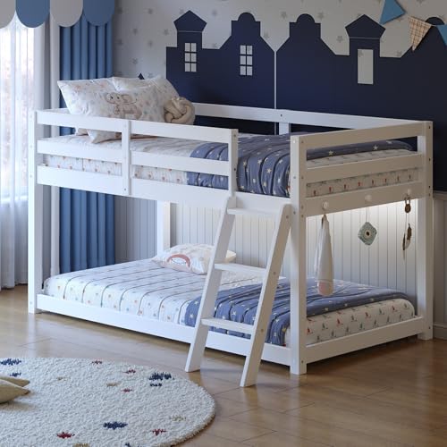 Vantic Low Bunk Bed with Guardrail and LED Light, Floor Toddler Bunk Bed Twin Over Twin with Wide Stairs, Convertible Solid Wooden Loft Bed for Kids with 6 Hooks, Space-Saving, White