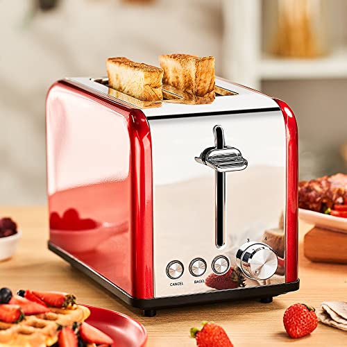 Redmond 2 Slice Toaster Stainless Steel Toaster Wide Slots With Bagel Defrost Cancel Function 6 Bread Shade Settings For Bread Waffles Auto Shutoff Red #TOP4