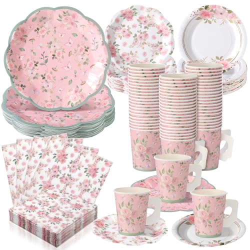 Pickmesh 252 Pcs Pink Floral Tea Party Supplies for 36 Guests Pink Floral Paper Disposable Dinnerware Flower Teacups with Handle and Saucers Set for Tea Party Decorations Birthday Wedding