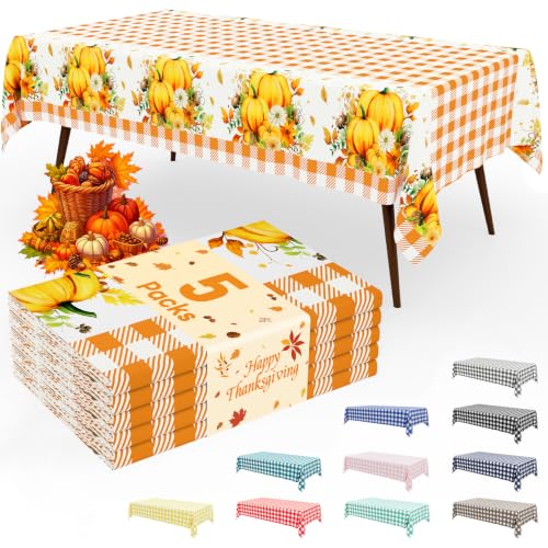 Image of Smiry Plastic Table Cloth Disposable 5 Pack, 54 x 108 Inch Rectangle Waterproof Tablecloth, Printed Gold Table Runner Style for Birthday Weeding, Party Decorations, Sturdy, Orange Pumpkin