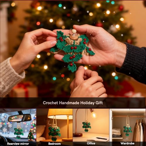 Image of ROFIGL Handmade Crochet Car Air Freshener - Crochet hanging holly plants with 12ml Empty Refillable Oil Diffuser Bottle, Green Car Accessory for Mirror Decor and Home Decor