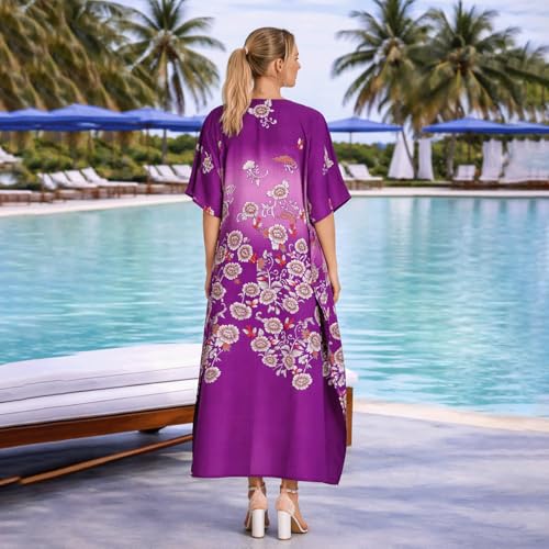 Image of Miss Lavish London Women's Purple Floral Kaftan Dress with Pockets, V Neck Maxi Beach Cover Up, Short Sleeve Batwing Caftan with Side Slits, Plus Size Swimsuit Coverup-Purple-M