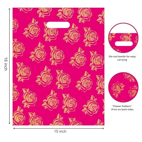 Infinite Pack Large 15"x18"(100pcs) Golden Roses Printed on Pink Merchandise Bag, Retail Shopping Bags, 1.75 Mil Reusable Plastic Bags by Infinite Pack - Image 2