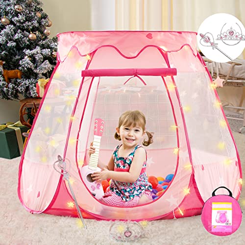 Pop Up Princess Tent with 5 Meters Light String, Gentle Monster Girls Play Tent Bonus Tiara and Wand Set, Foldable Indoor & Outdoor Toddler Playhouse, Gift for Kids 1 2 3 Years