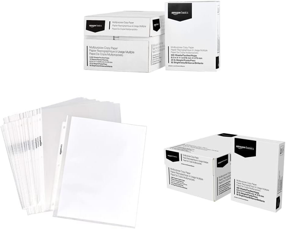 Amazon Basics Multipurpose Copy Printer Paper, 10 Ream Case & Sheet Protector - Non-Glare, 100-Pack & Multipurpose Copy Printer Paper, 8 Ream Case