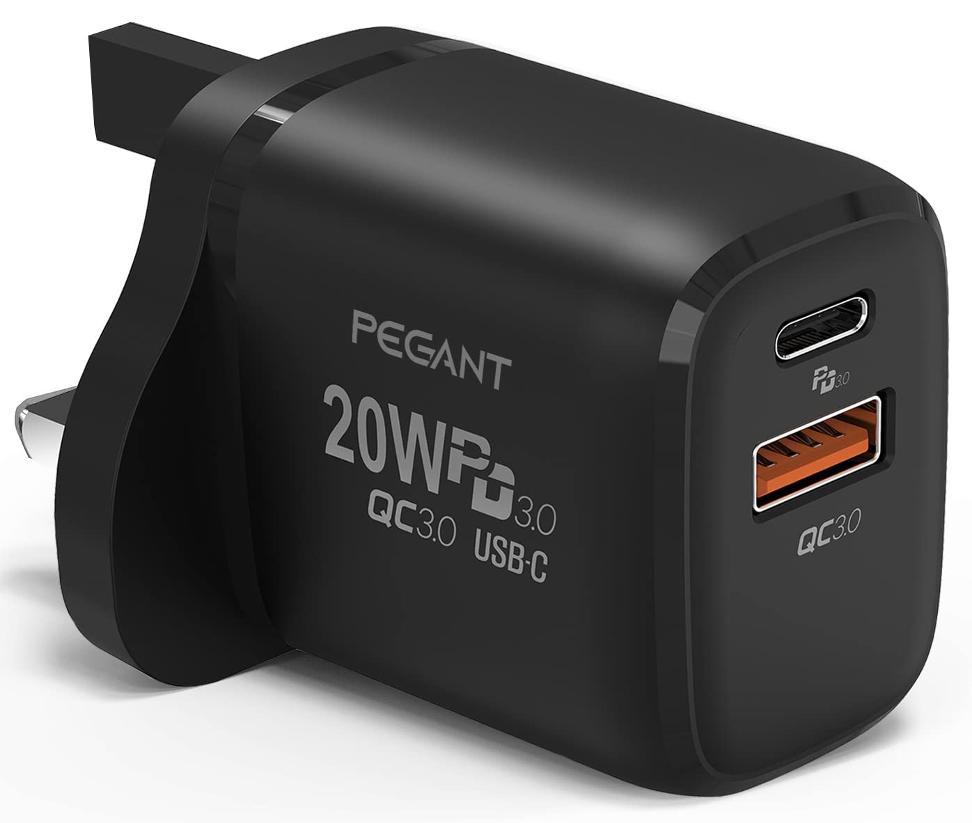 PEGANT20W USB C PD Fast Charger, Dual Port Type-C QC3.0 Wall Adapter UK Plug, Compatible with iPhone 15/14/13/12/11, Galaxy, Pixel, iPad, AirPods - 20W Black