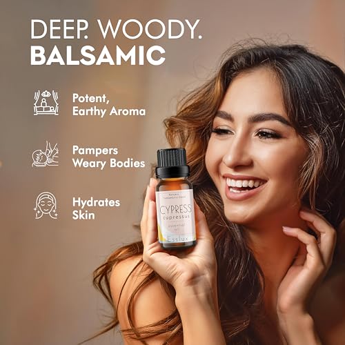 Image of Esslux Cypress Essential Oil | 100% Natural Cypress Oil for Aromatherapy & Diffusers | Supports Varicose Vein Care | Ideal for Soap Making, DIY Projects, and Relaxing Scents, 90 ML