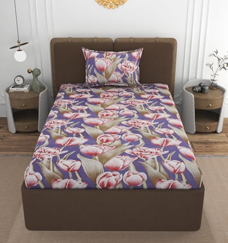 Image of VOMZER 320 Threadcount Elastic Fitted Bedsheets Single Bed with 1 Pillow Cover | Single Bed with All Around Elastic, Size 36 X 72 X 8 Inches