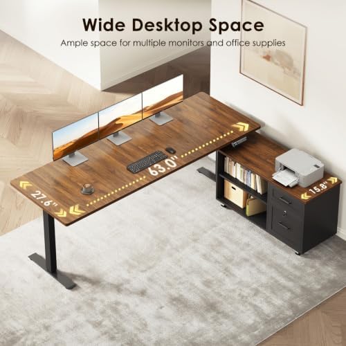 OffiGo 63" L Shaped Electric Standing Desk with File Cabinet, Walnut/Black - 3