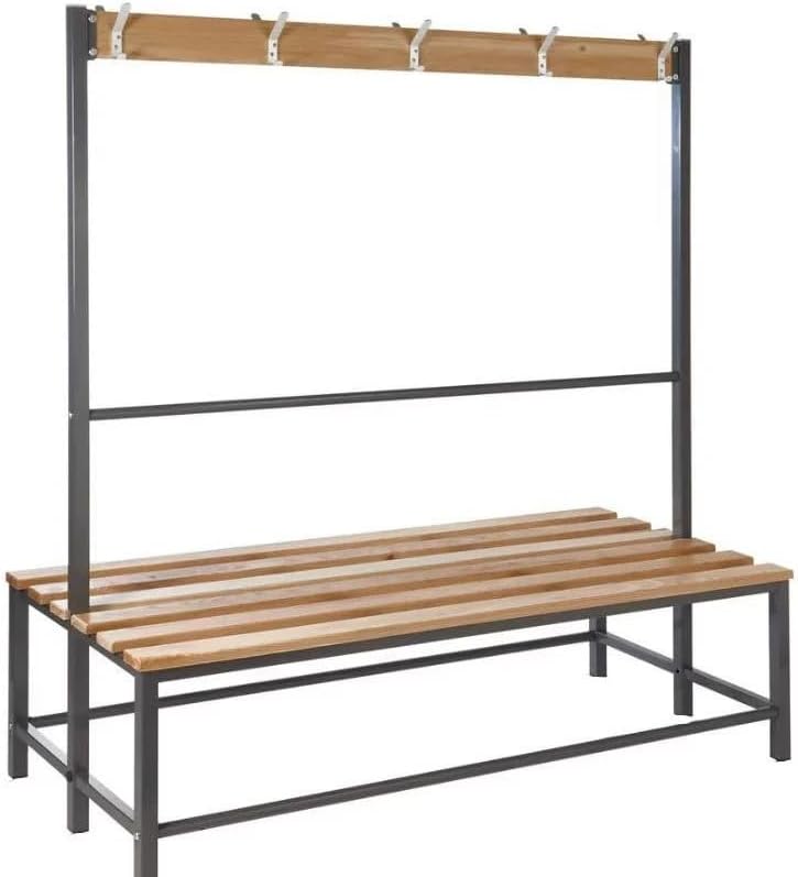 Double Sided Changing Room Bench with Hooks, Wood and Metal Frame, Locker Room Style Storage Seating