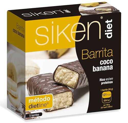Siken Diet - Barrita Sabor Coco y Banana con Proteínas y Baja en Calorías para Controlar tu Peso - Estuche con 5 uds, 180 gr