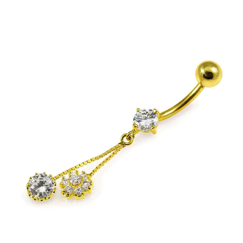 Piercing para ombligo de oro amarillo macizo de 14 quilates con circonita cúbica y colgante redondo en caja, joyería para ombligo de 14 quilates, calibre 14, 14 Gauge - 12mm Length,