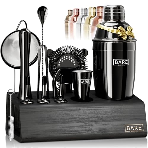BARE BARREL® Mixology Bartender Kit Bar Set | 14-Piece Cocktail Shaker Set | Martini Barware Mixing Tools for Home Bartending | Incl. 35 Recipe Cards | Gift Set (24oz Cobbler Shaker, Jet Black/Black)