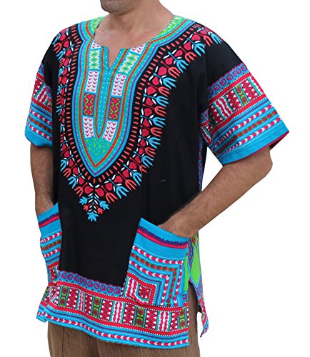 RaanPahMuang Brand Unisex Bright African Black Dashiki Cotton Shirt, XX-Large, SkyBlue/Black