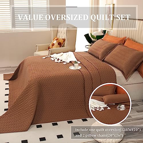 Ofixi Oversized King Plus 128"X120" Quilt Set 3 Pieces Extra Large King Size Bedspreads Lightweight Summer Comforter Reversible Coverlet Bed Cover For All Season, Brown #TOP4