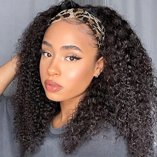Image of Kinky Curly Headband Wig Human Hair Curly Headband Wig Human Hair Machine Made Glueless None Lace Front Wig Brazilian Virgin Human Hair for Black Women Natural Color 24Inch