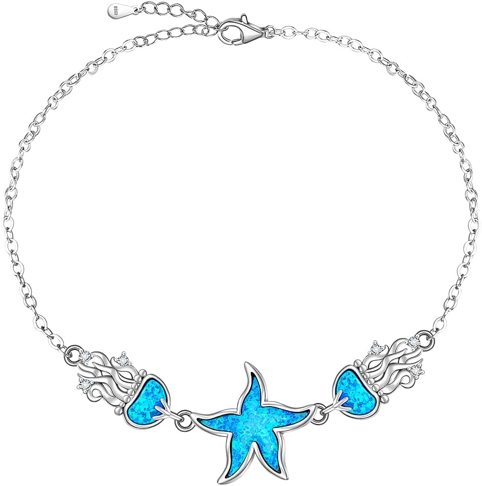 Starfish Anklet Blue Opal Jellyfish Starfish Ankle Bracelets for Women Sterling Silver Beach Ocean Sea Animal Anklets Jewelry Adjustable Christmas Birthday Summer Gifts
