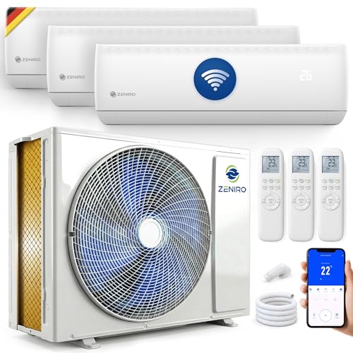 ZENIRO Multi Split Klimaanlage 3 Innengeräte Set (3 x 2, 6kW) Klimagerät Air Conditioner mit Heizfunktion 21000 BTU 6, 2kW A++ WiFi/ App- Steuerung 4D AirFlow Heizen bis- 20°C Vorgefüllt R32