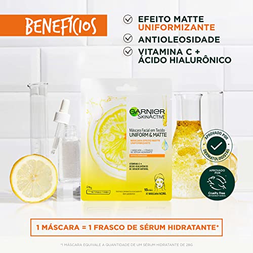 Máscara Facial em Tecido Vitamina C Garnier Uniform&Matte, 28G, Garnier, Tecido Branco